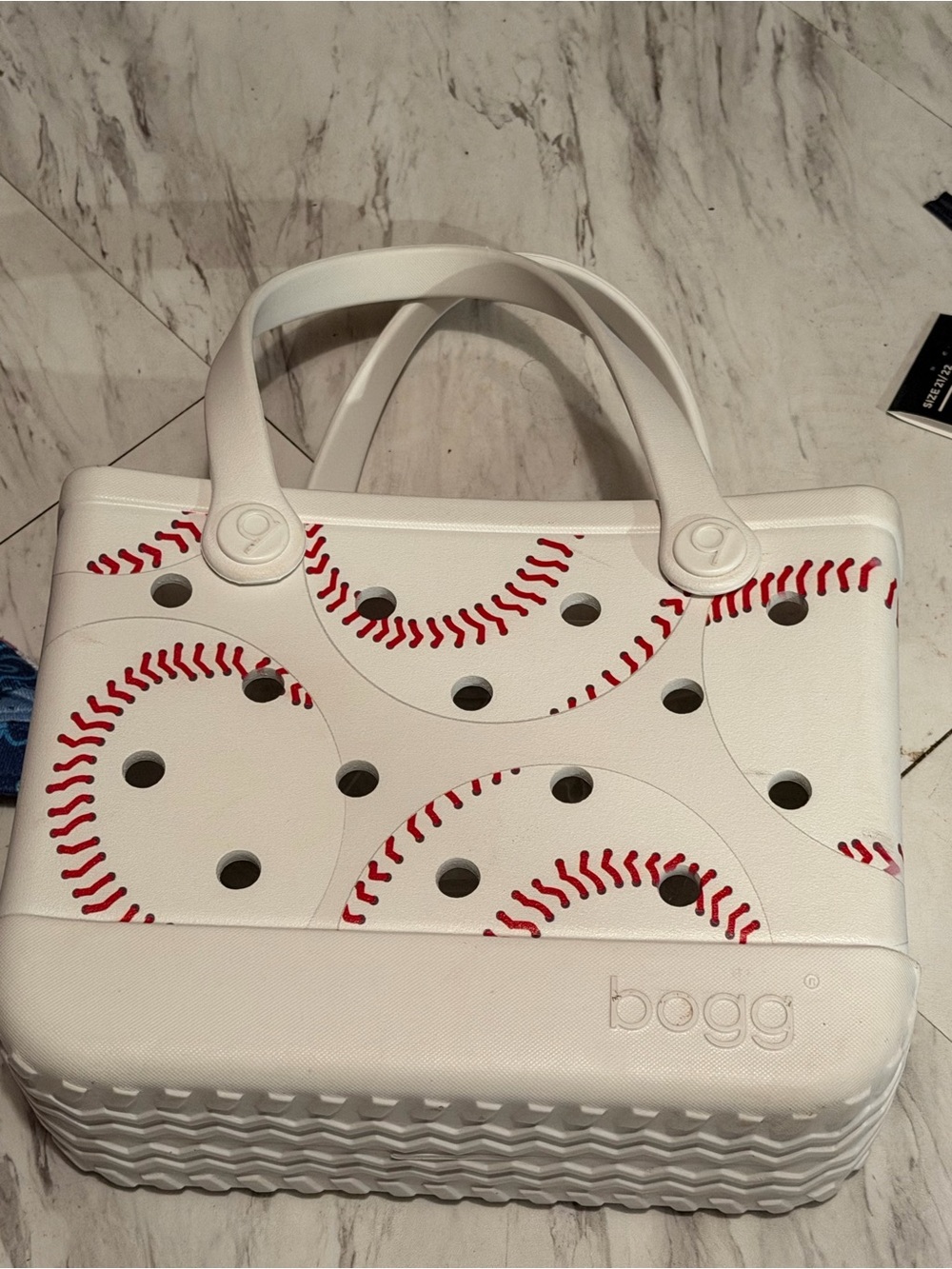 BOGG BAG White Tote with Red Baseball Stitch Print